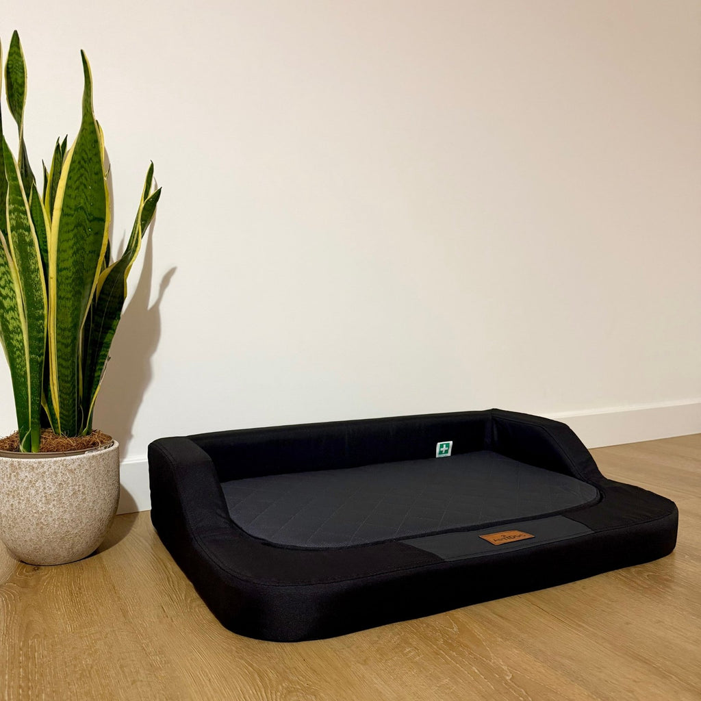 Vista laterale materasso ortopedico per cani, certificazione OEKO-TEX